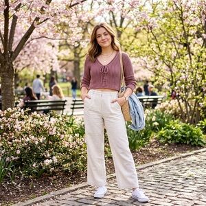 Cabincore boho New In Mocha Lace-Up Women's Knit Top size M, NWT